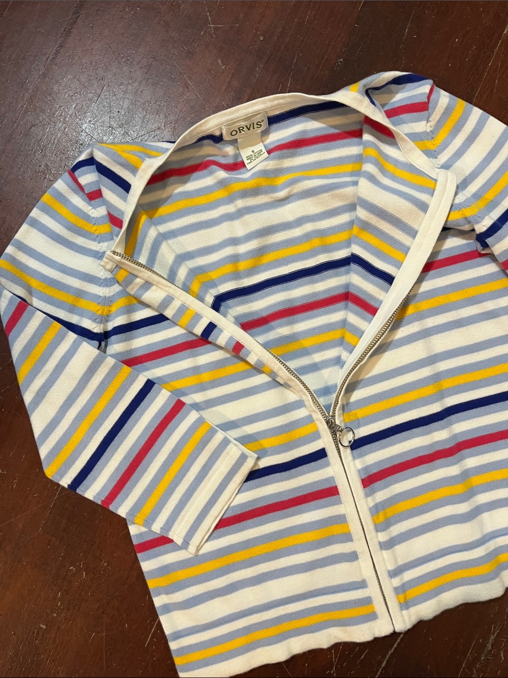 🌻3/$15🌻 Orvis Cream Knit Zip Cardigan with Blue, Yellow & Red Stripes - Picture 3 of 8